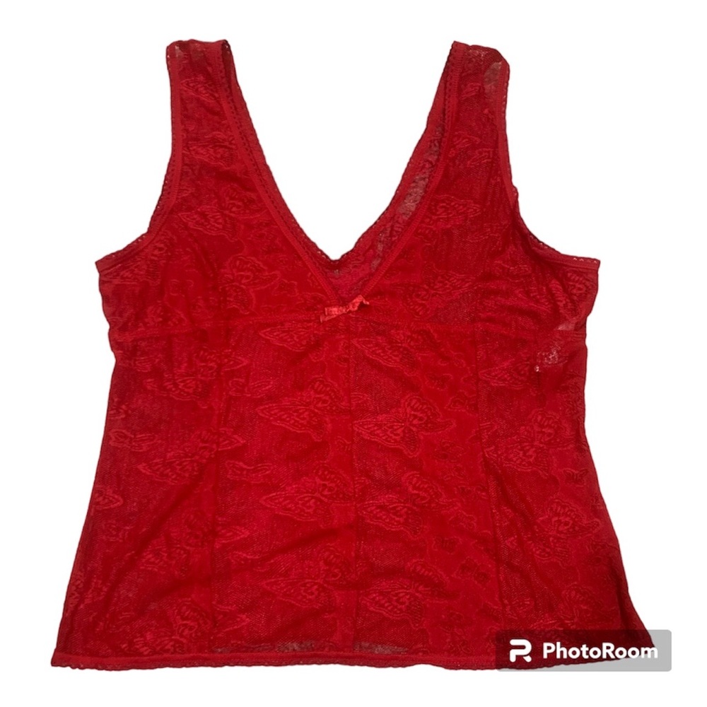 Y2k Red Butterly Sheer Mesh Cami Top with Mock Boning, Size L